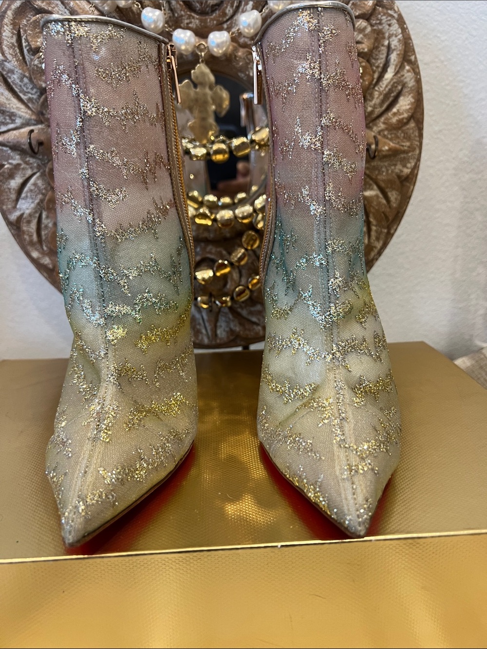 Christian Louboutin Nancy Bootie 100 Multicolor Glitter Mesh Pump Heel Boot 40.5